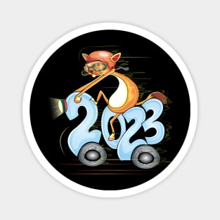 Happy New Year 2023 Cat Riding Moto Magnet